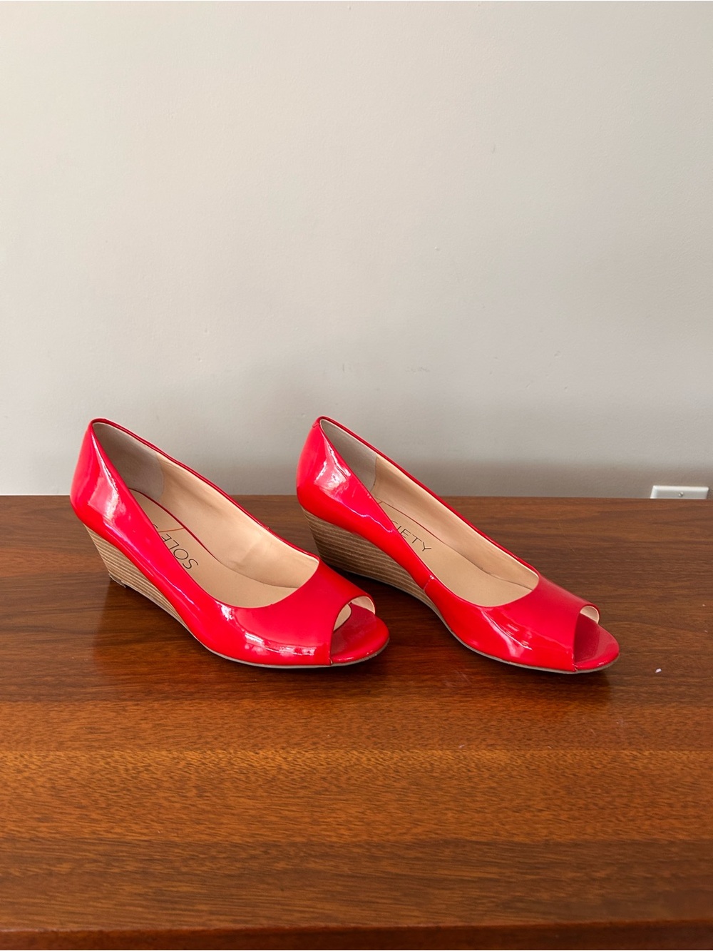 Sole Society Red Patent Peep-Toe Wedge Pumps